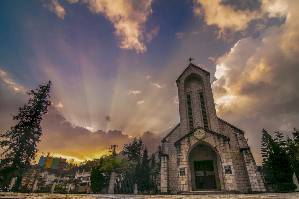 The historic Sapa Stone Church, showcases French colonial architecture and serves as a peaceful landmark in the heart of Sapa town